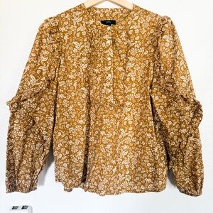 J. Crew Mustard Floral Puff Sleeve Cotton Blouse Boho Ruffle Top S